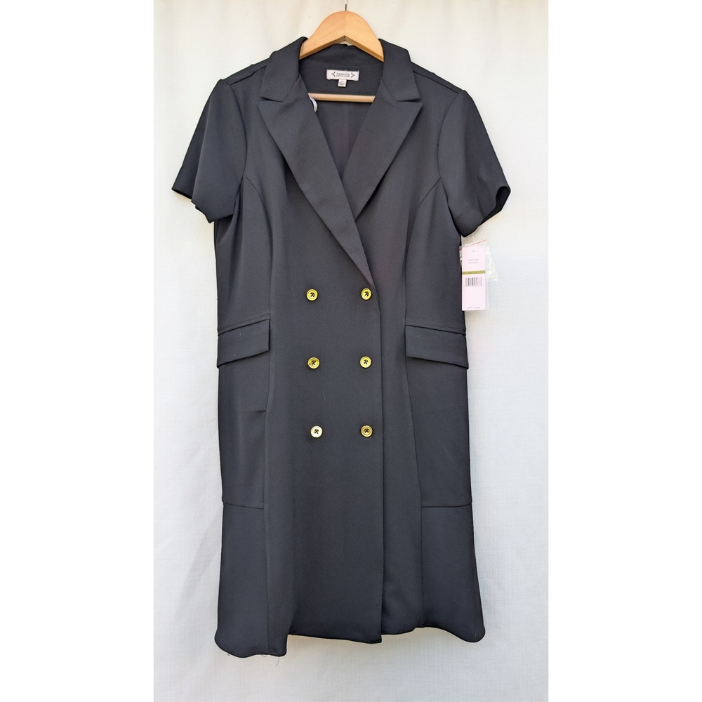 Nanette Lepore Blazer Dress Womens 14 Black Stretch Gold Button Short Sleeve NWT